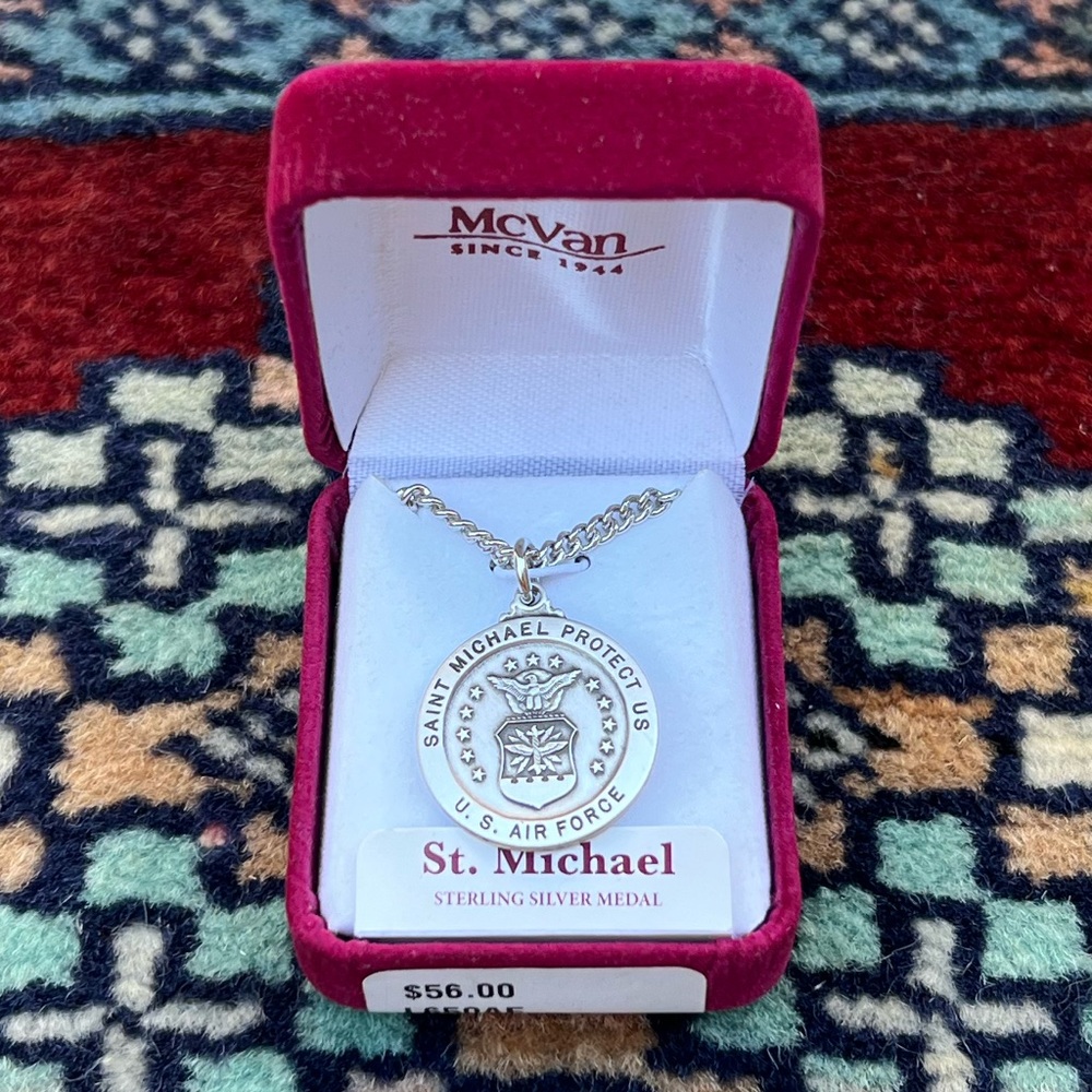 St. Michael Air Force Sterling Silver Round Religious Medal Necklace 24” Chain
